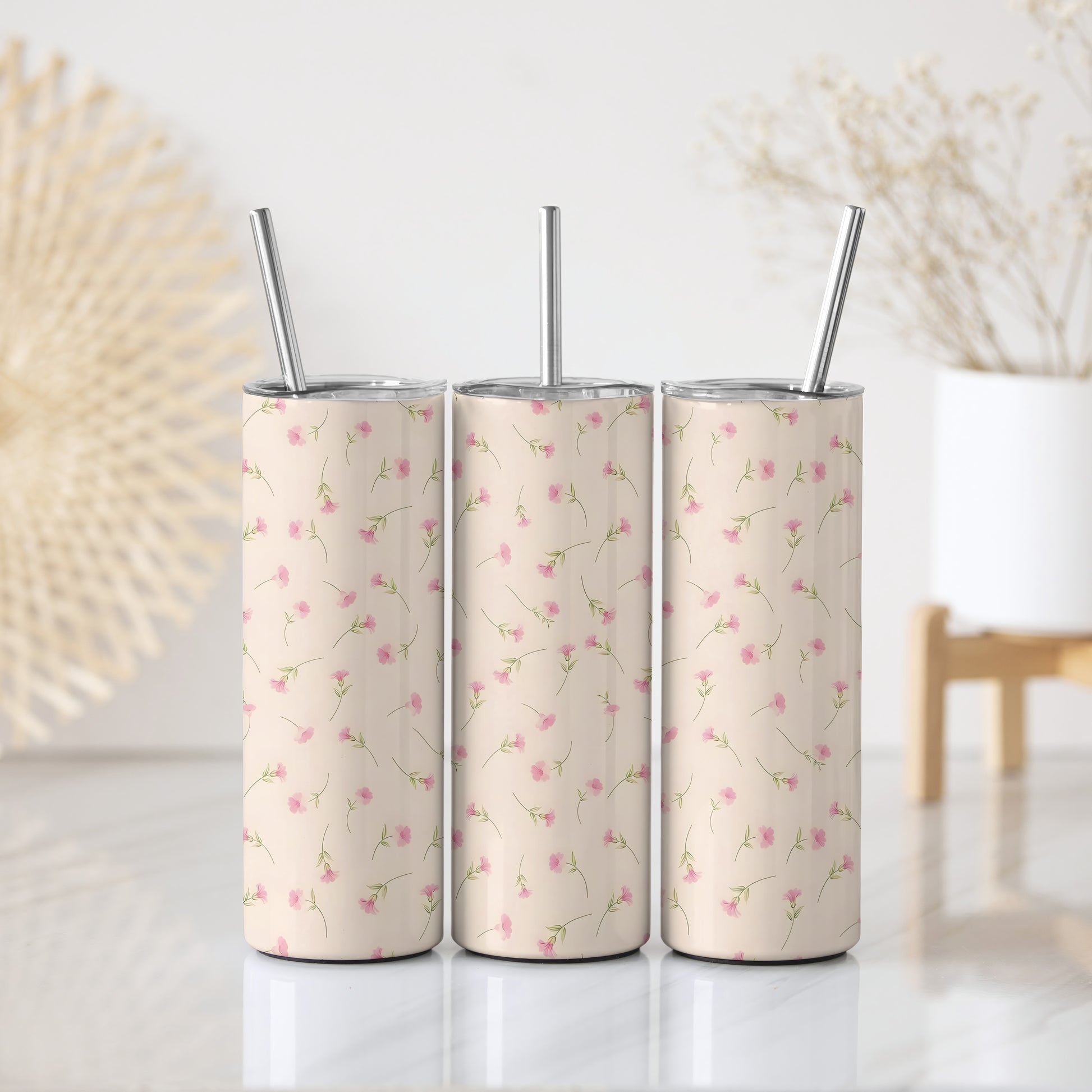 Chic Pink Floral Tumbler, Minimalist Aesthetic Stainless Steel Mug