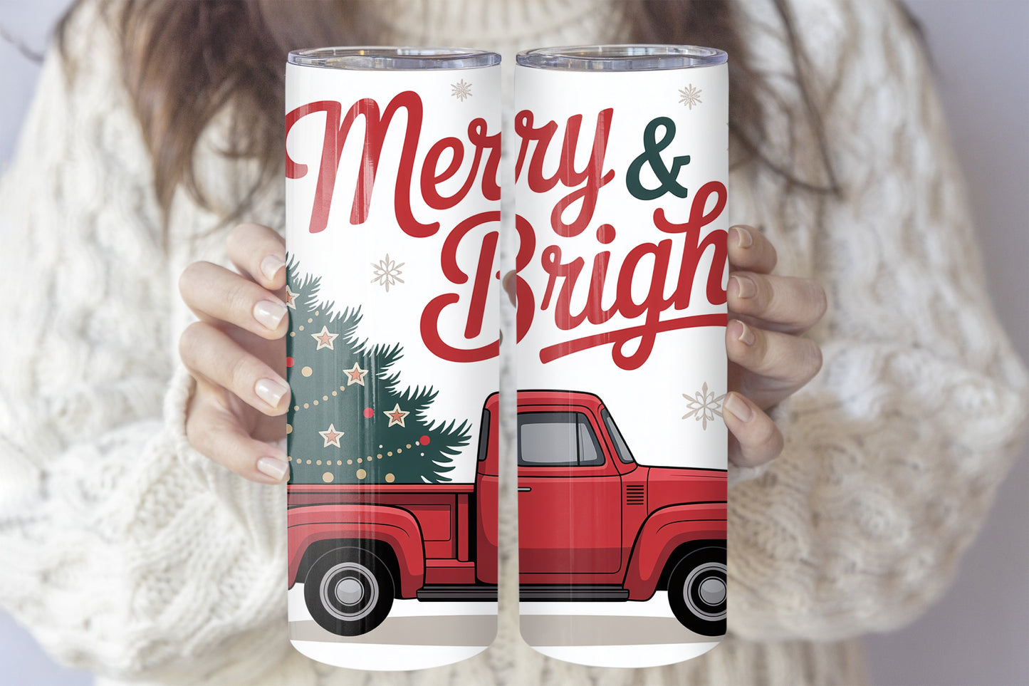 Red Car Towing Christmas Tree, Merry And Bright Xmas Tumbler