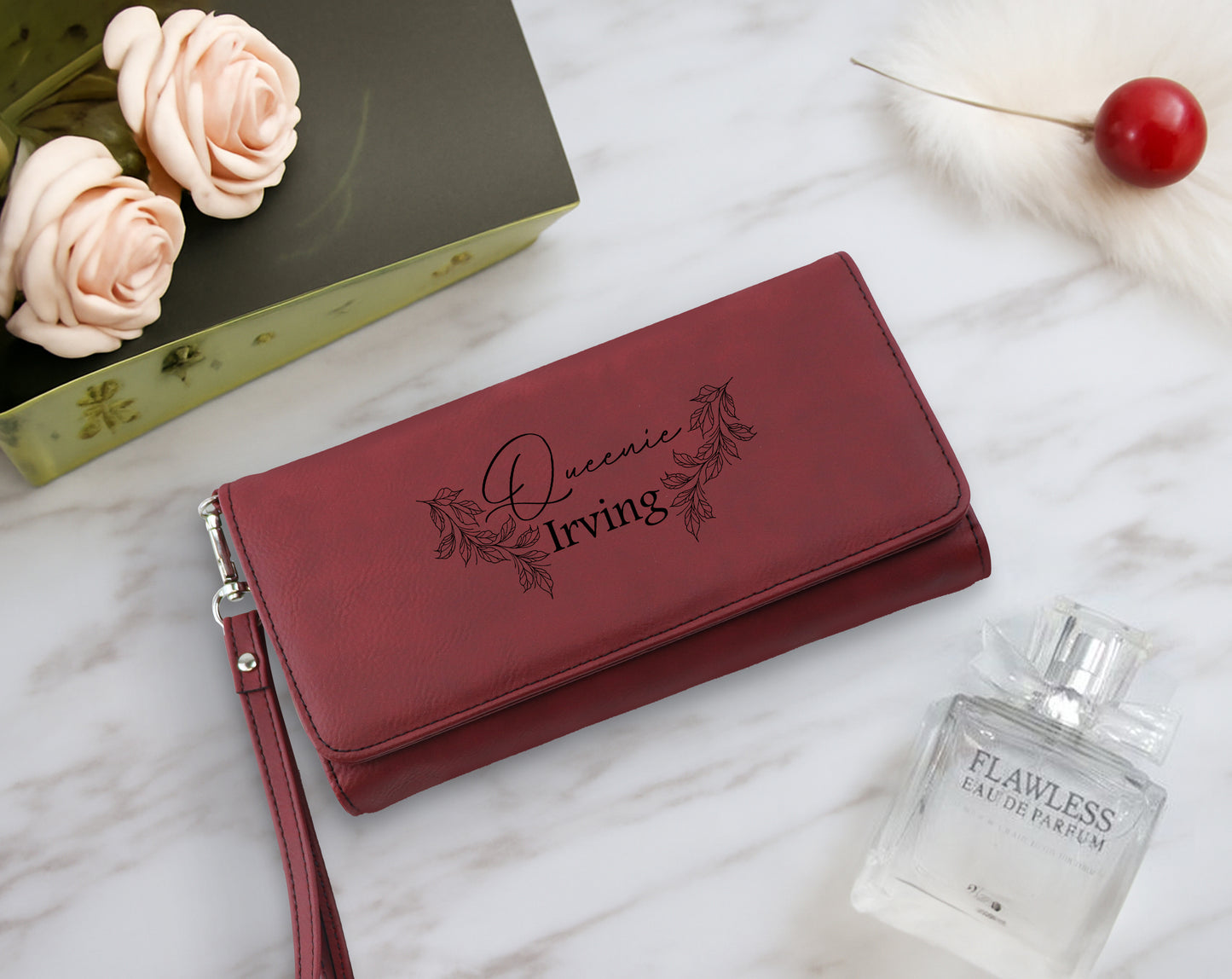 Engraved Vegan Leather Wallet, Personalized Clutch Purse for Women, Bridesmaid Gift