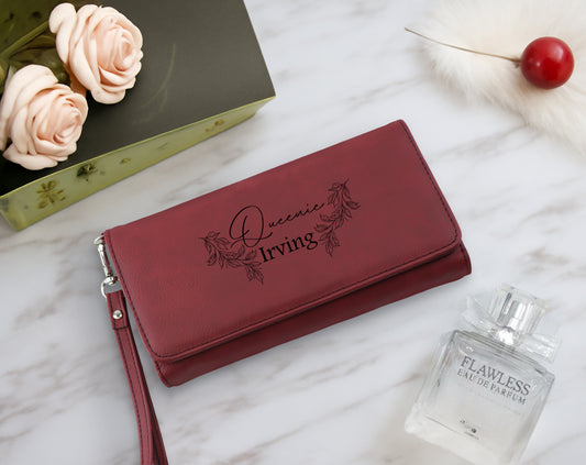 Engraved Vegan Leather Wallet, Personalized Clutch Purse for Women, Bridesmaid Gift