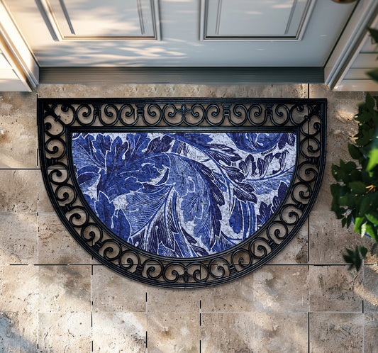 Delft Blue Flower Welcome Mat, Elegant Vintage-Inspired Entryway Decor