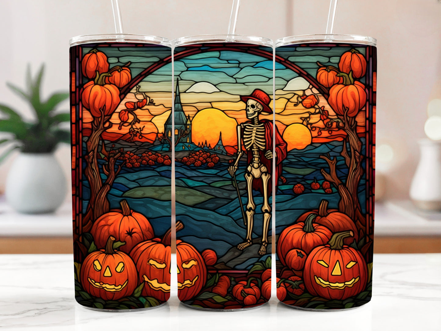 Stained Glass Pumpkin Field Tumbler, Skeleton Scarecrow Water Bottle