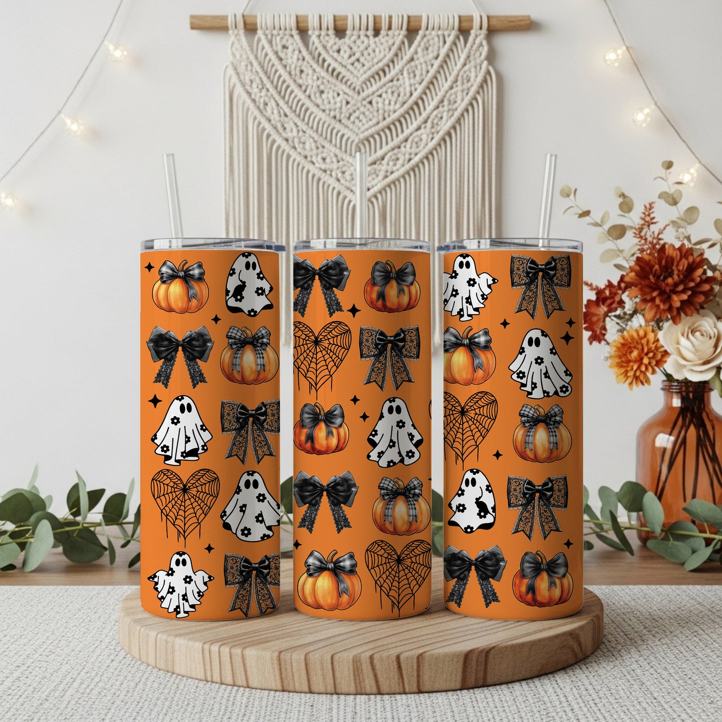 Spooky Ghost & Bow Pattern Tumbler, Vibrant Orange Halloween Cup