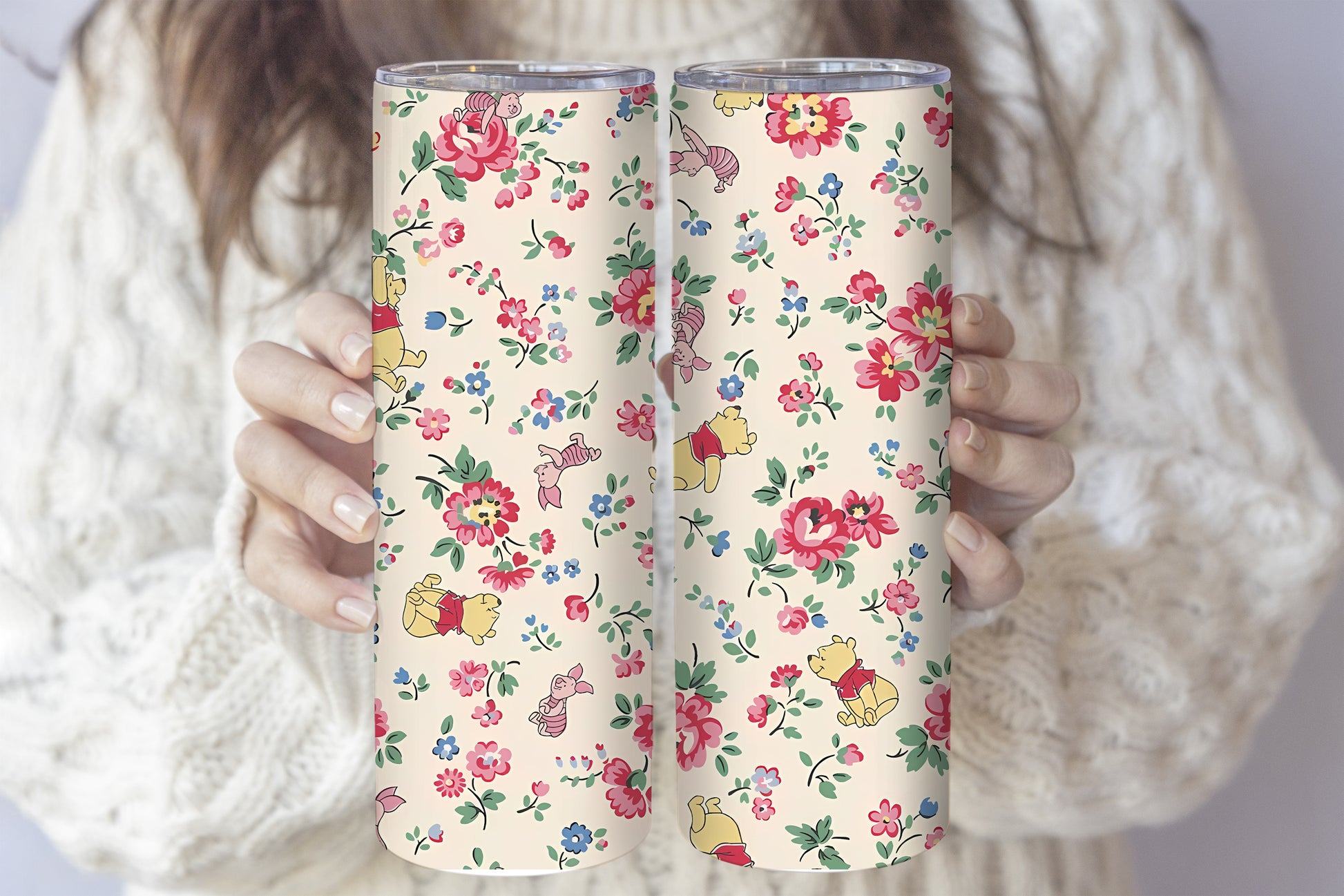 Cute Winnie The Pooh Tumbler, Bear and Flower Themed Drinkware