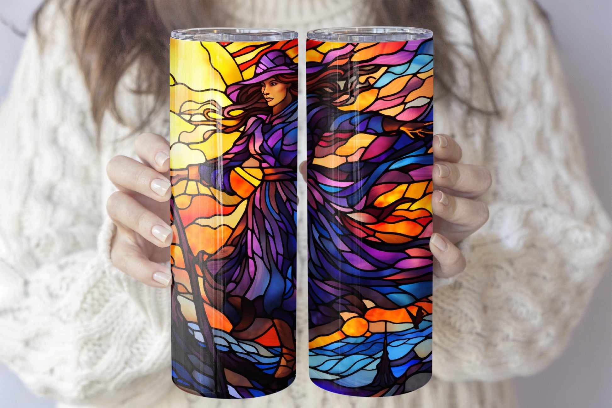 Colorful Stained Glass Wizard Tumbler, Vibrant Halloween Stainless Steel Cup.