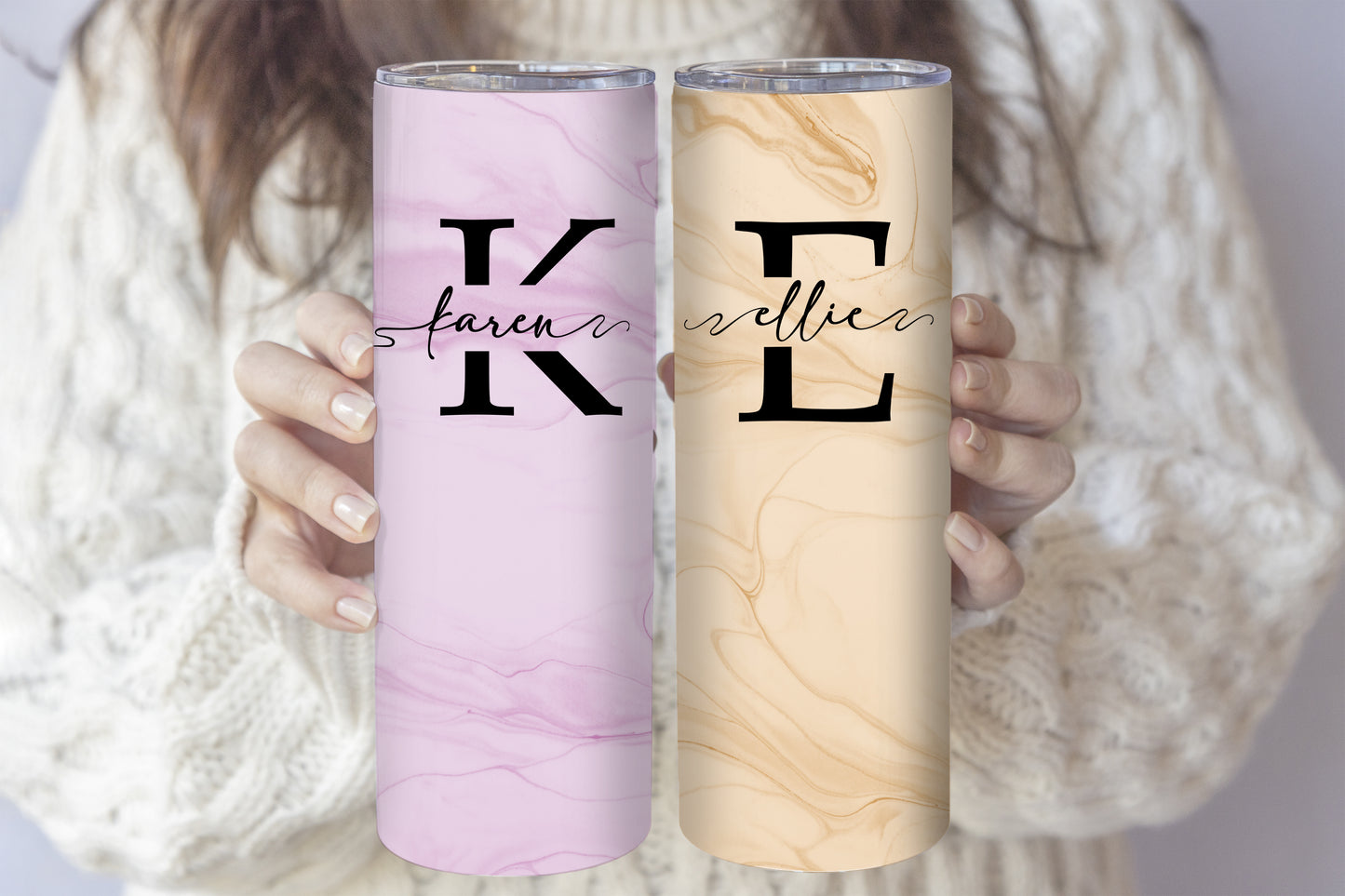 Personalized Marble Monogram Tumbler, Stylish Stainless Steel Water Bottle, Elegant Office Accessory