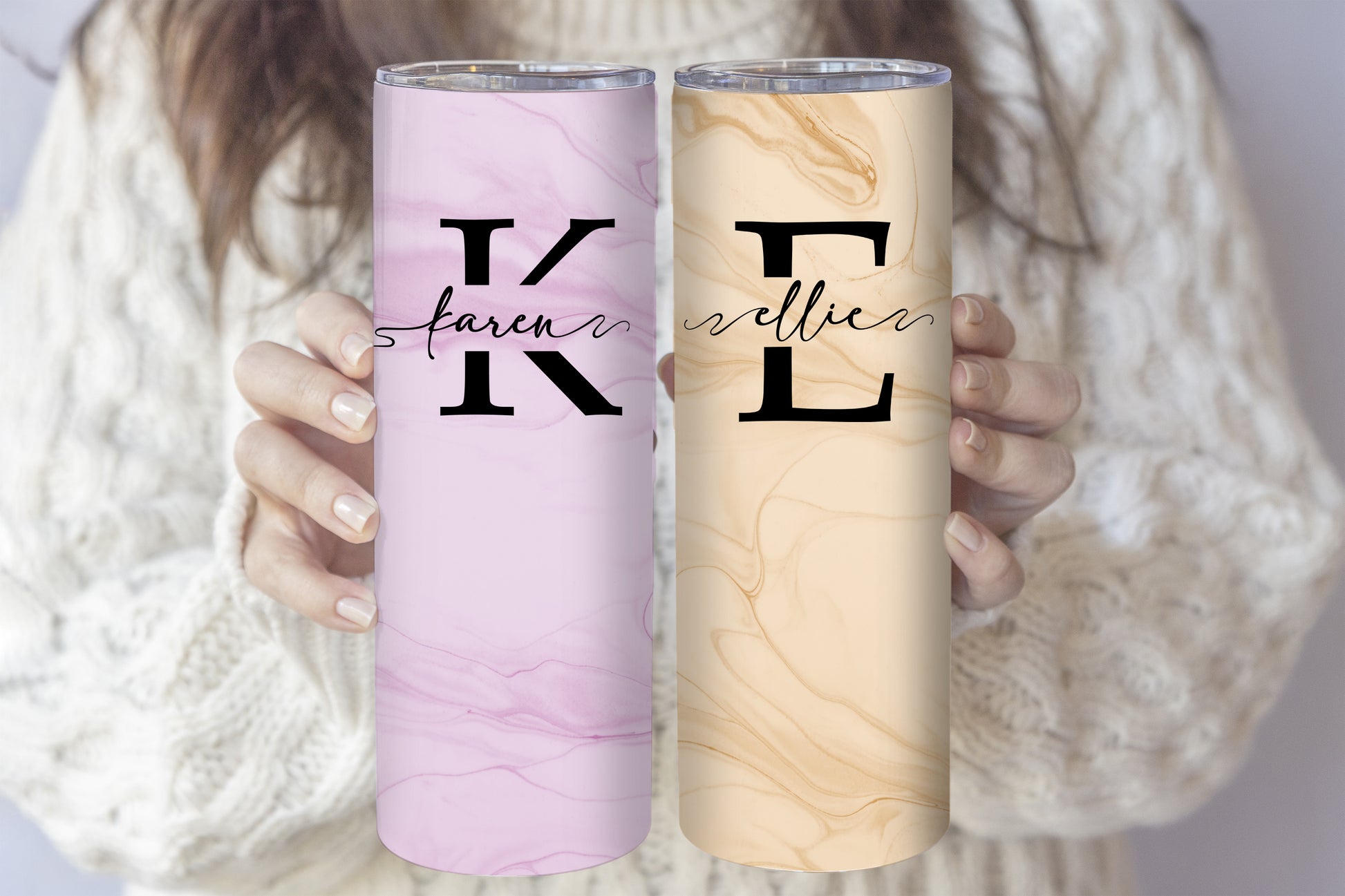 Personalized Marble Monogram Tumbler, Stylish Stainless Steel Water Bottle, Elegant Office Accessory