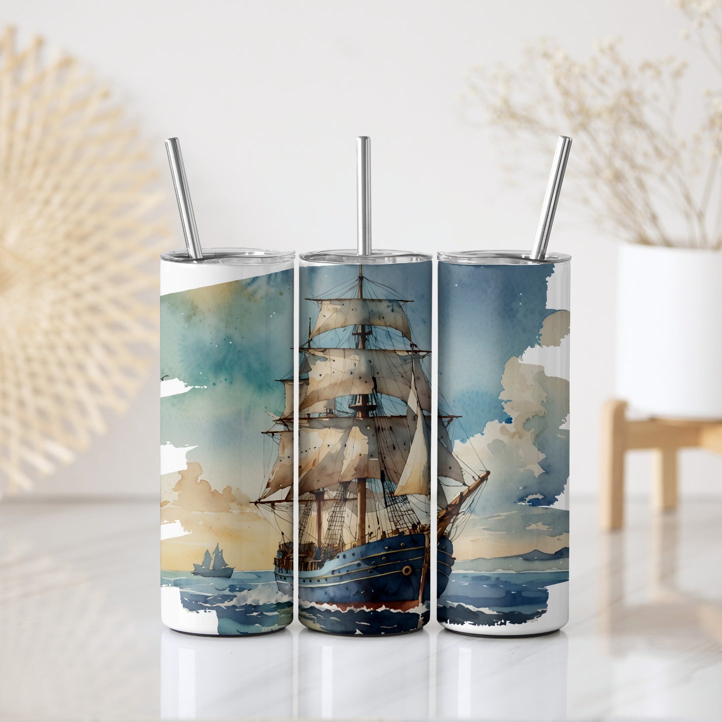 Pirate Ship Sunset Tumbler, Sailor's Stainless Water Bottle Set