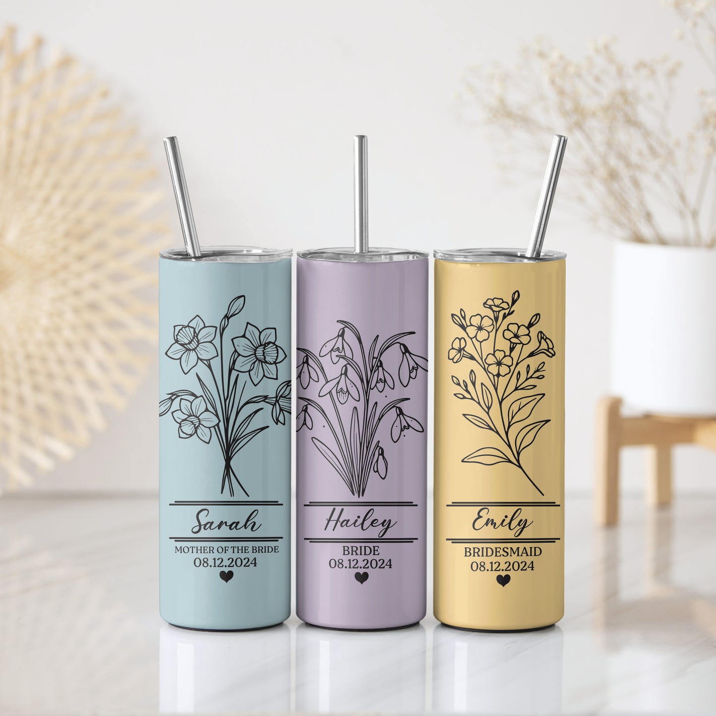 Personalized Floral Tumbler Set, Matching Stainless Steel Bottles for Bachelorette Party