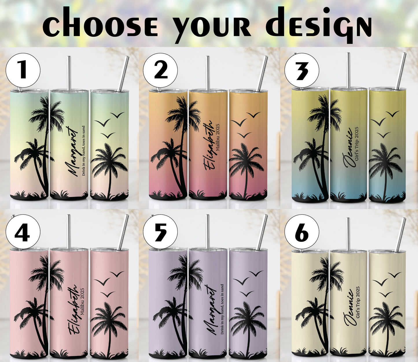 Personalized Stainless Steel Tumbler, Tropical Sunset Design, Matching Straw Included