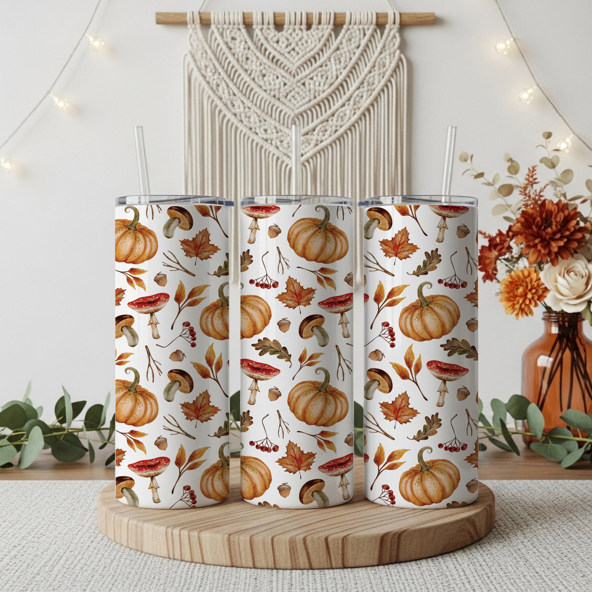 Autumn Vibes Insulated Tumbler, Pumpkin Spice Drinkware with Straw