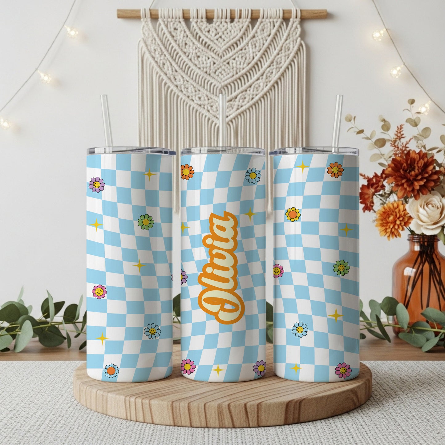 Personalized Retro Checkerboard Tumbler, Y2K Aesthetic Coffee Lover Gift.