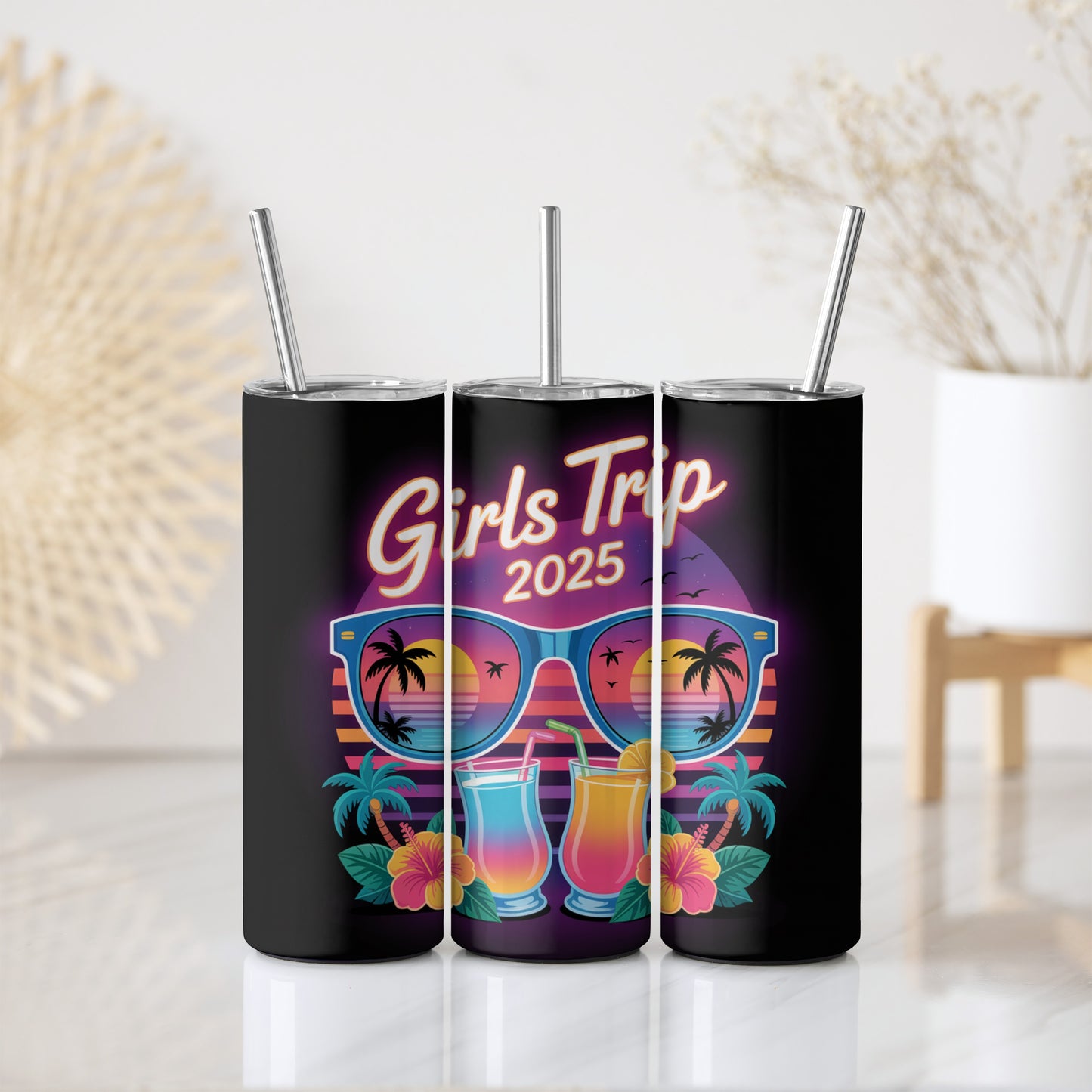 Girls Trip 2025 Steel Water Bottle, Beach Sunset Cocktail Tumbler