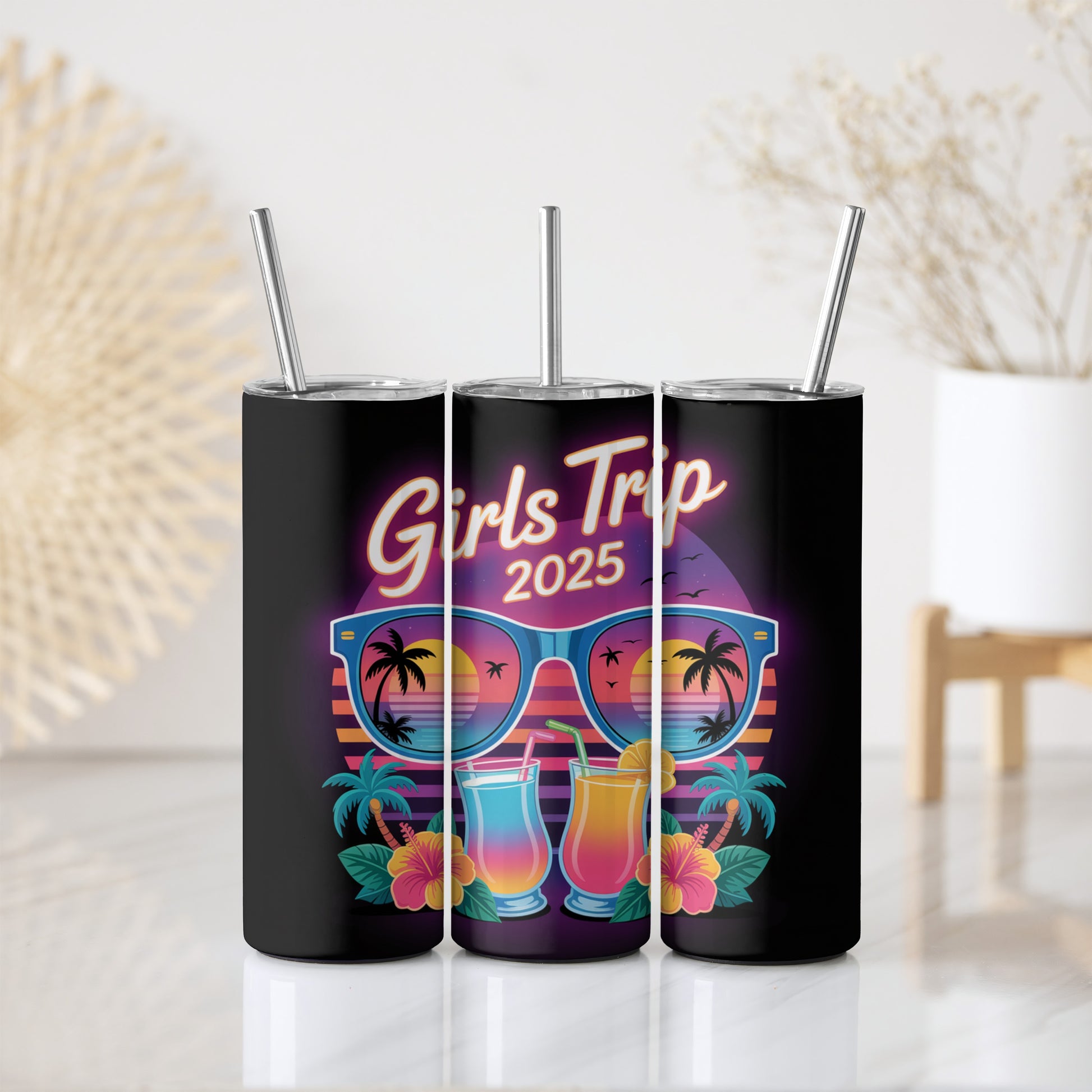 Girls Trip 2025 Steel Water Bottle, Beach Sunset Cocktail Tumbler