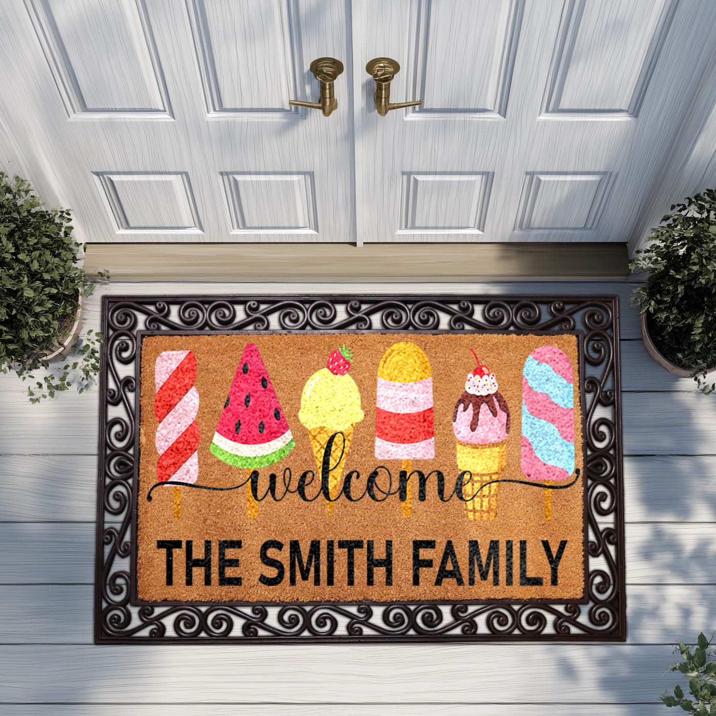 Personalized Family Name Doormat, Colorful Ice Cream Welcome Mat