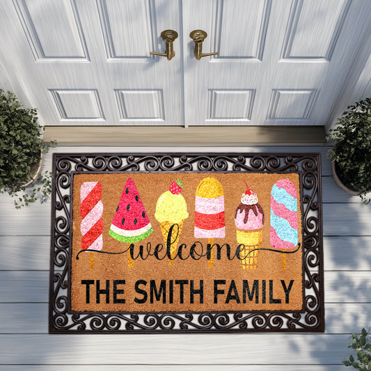 Personalized Family Name Doormat, Colorful Ice Cream Welcome Mat