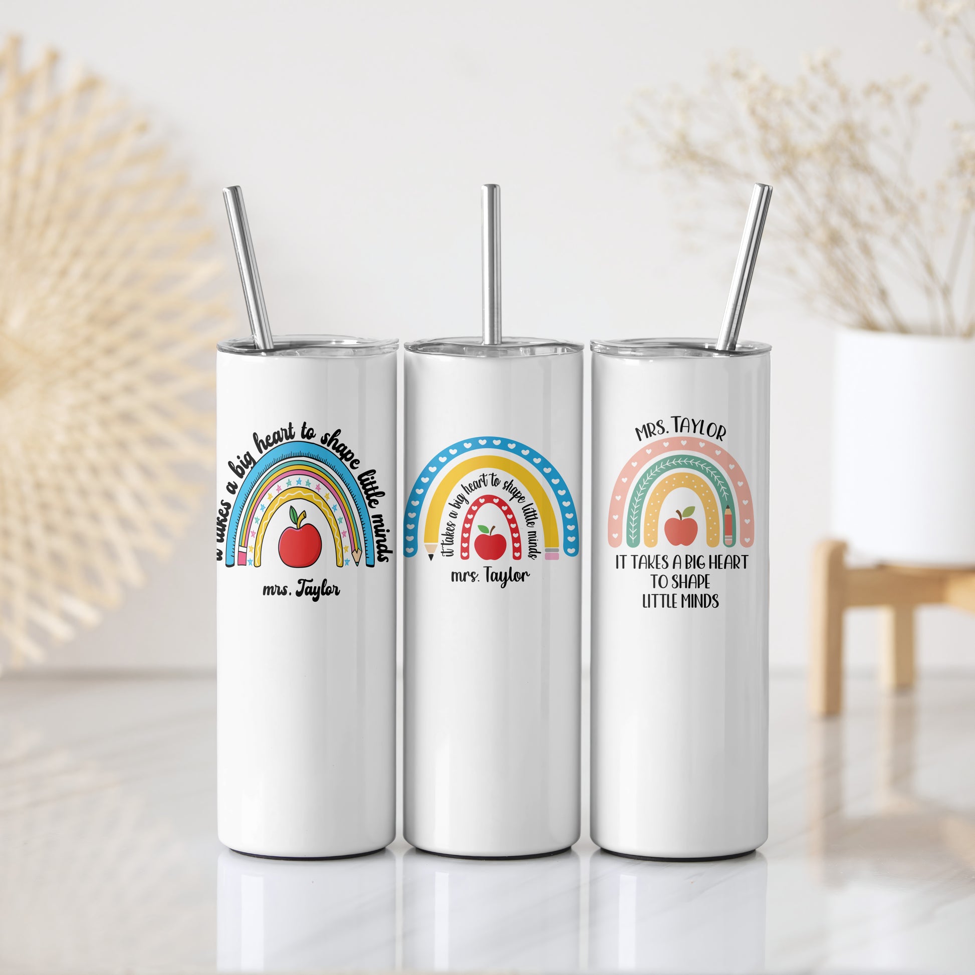 Rainbow & Apple Teacher Tumbler: Big Heart, Little Minds Gift
