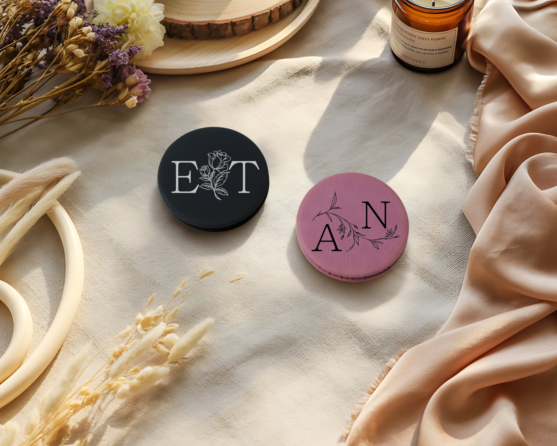 Floral Engraved Personalized Compact Mirror, Bridal Party Vegan Leather Gift