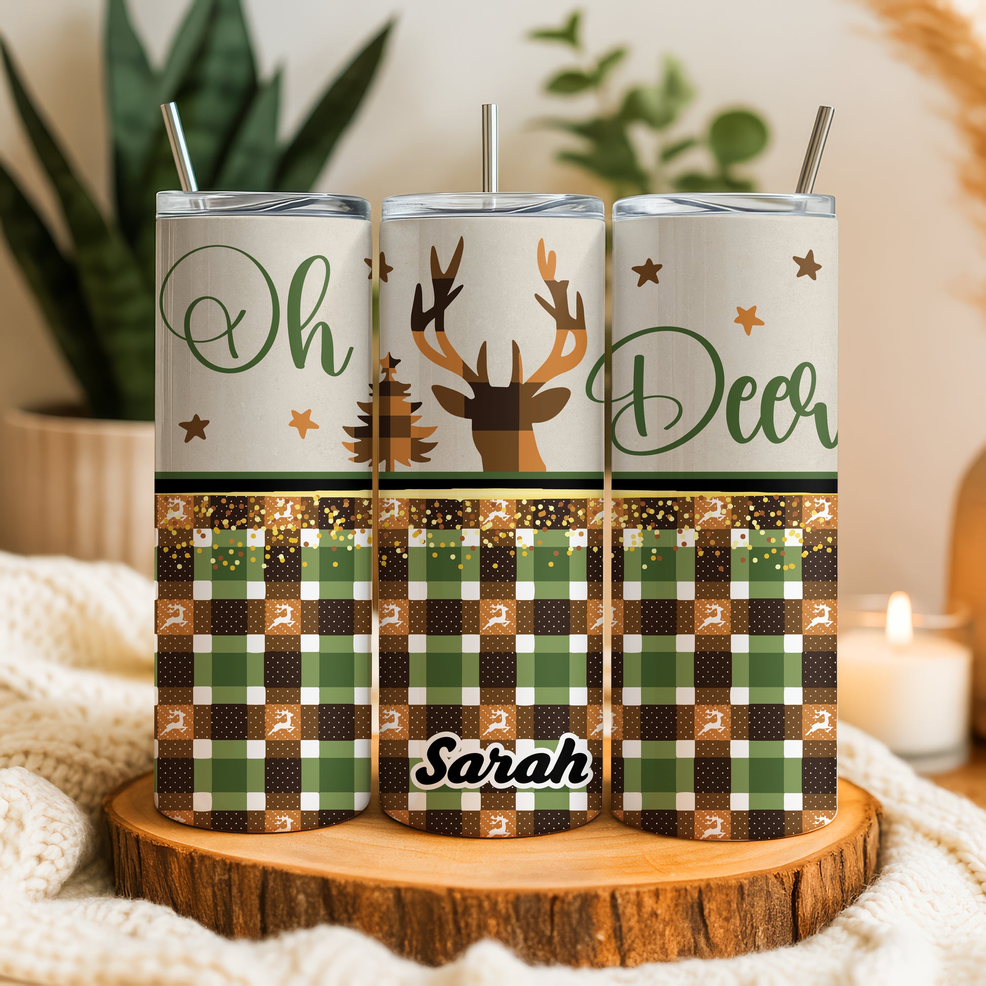 Custom Deer Christmas Tumbler, Plaid Family Holiday Coffee Cup