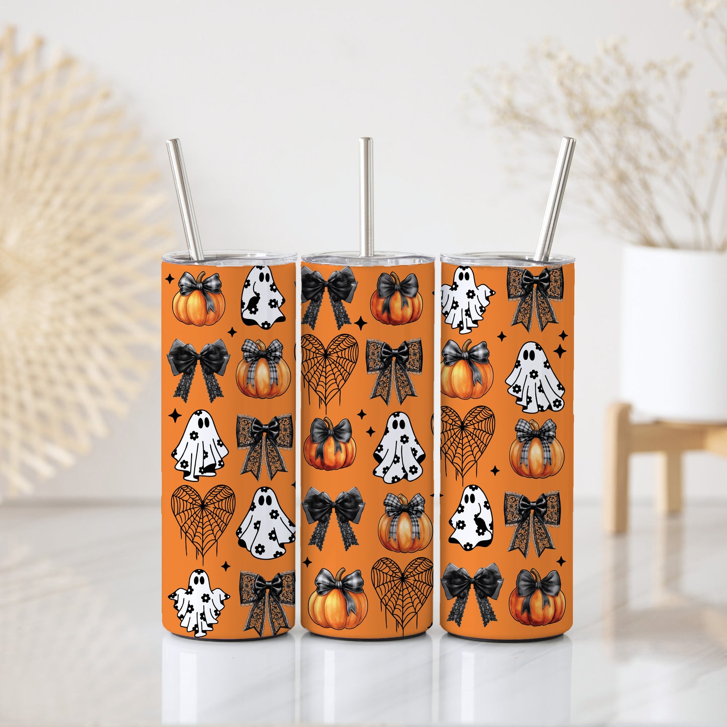Spooky Ghost & Bow Pattern Tumbler, Vibrant Orange Halloween Cup