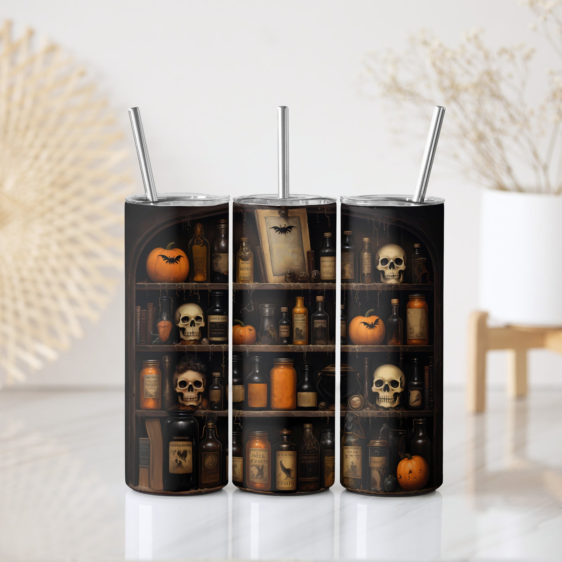 Halloween-themed Stainless Steel Tumbler, Spooky Apothecary Shelf Design