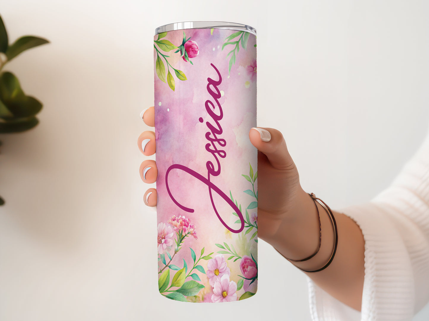 Garden Lover's Pink Floral Tumbler, Insulated Steel Cup with Spring Blossoms