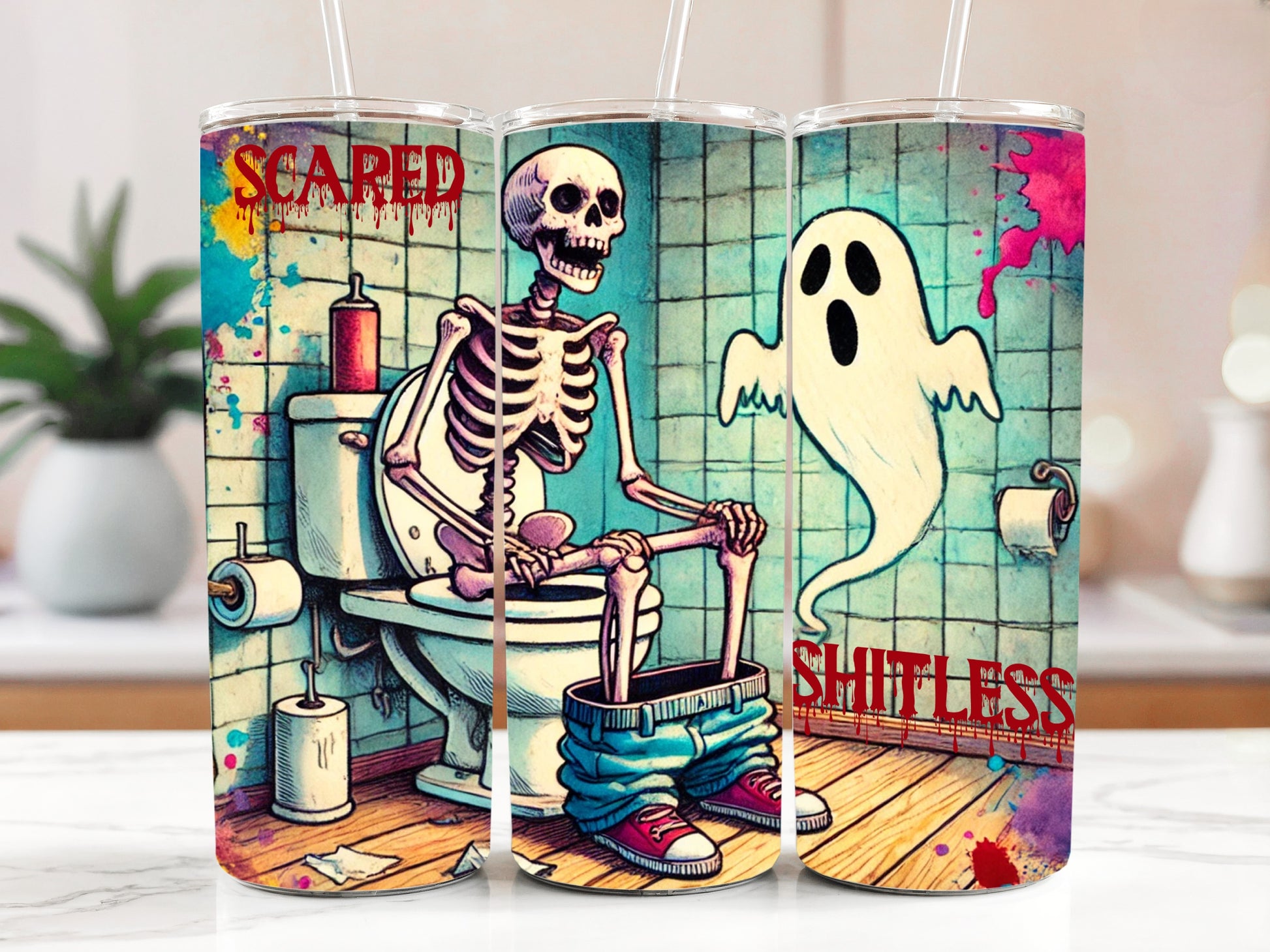 Skeleton on Toilet Tumbler, Adult Humor Halloween Stainless Steel Cup