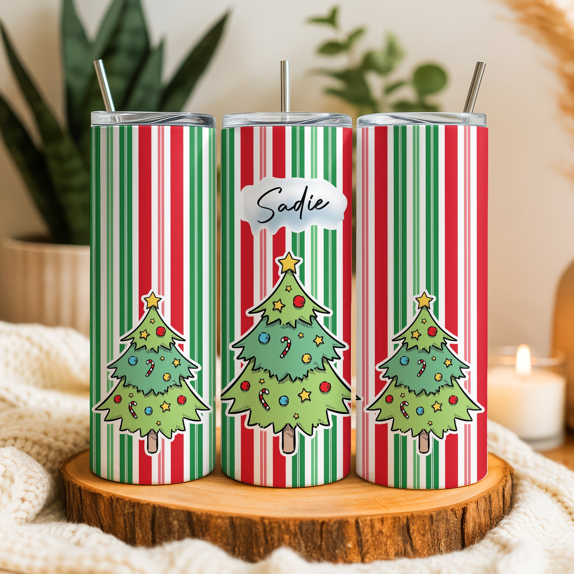 Personalized Christmas Tree Tumbler Set, Matching Stocking Stuffer and Gift