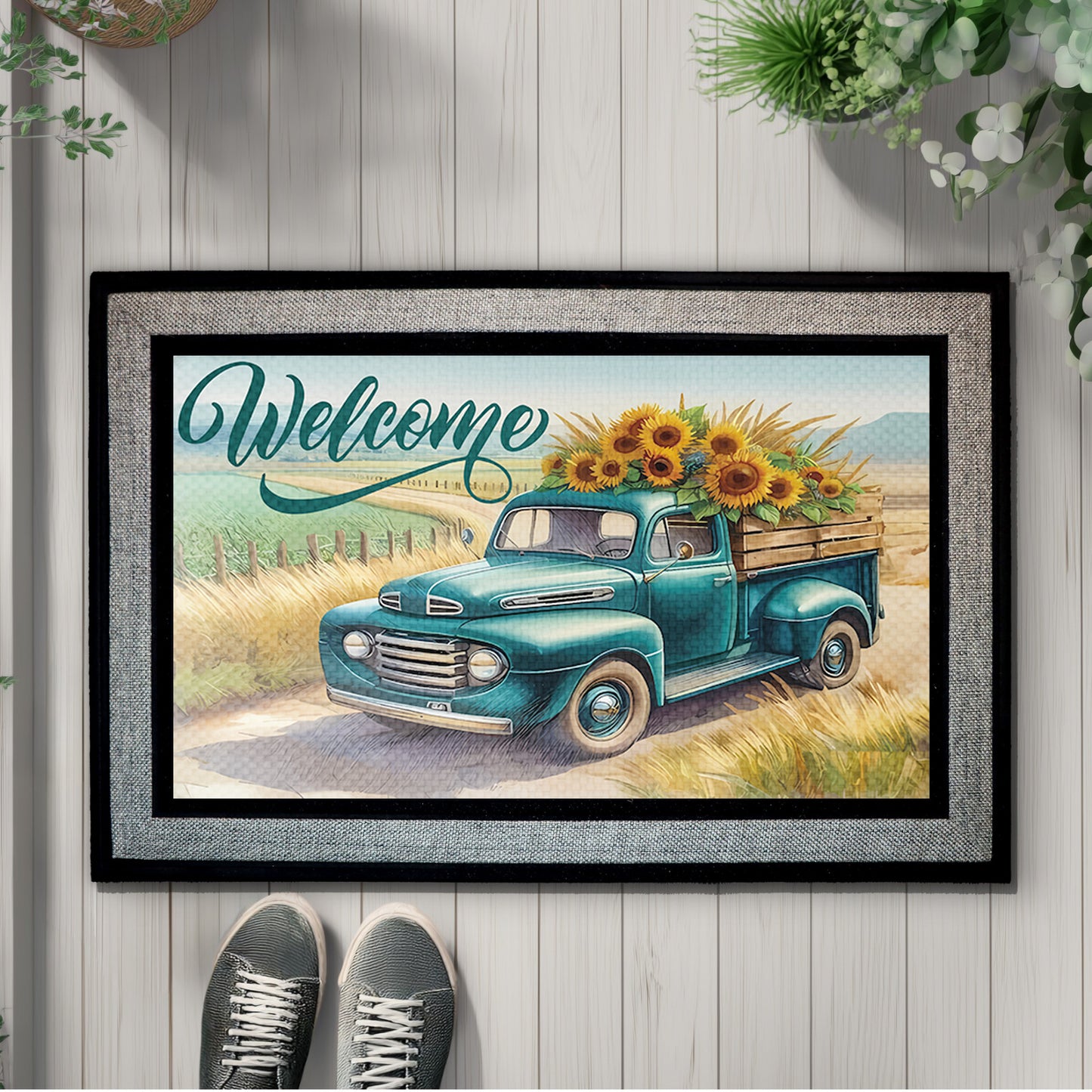 Retro Truck, Sunflowers Welcome Doormat – Country Style Front Door
