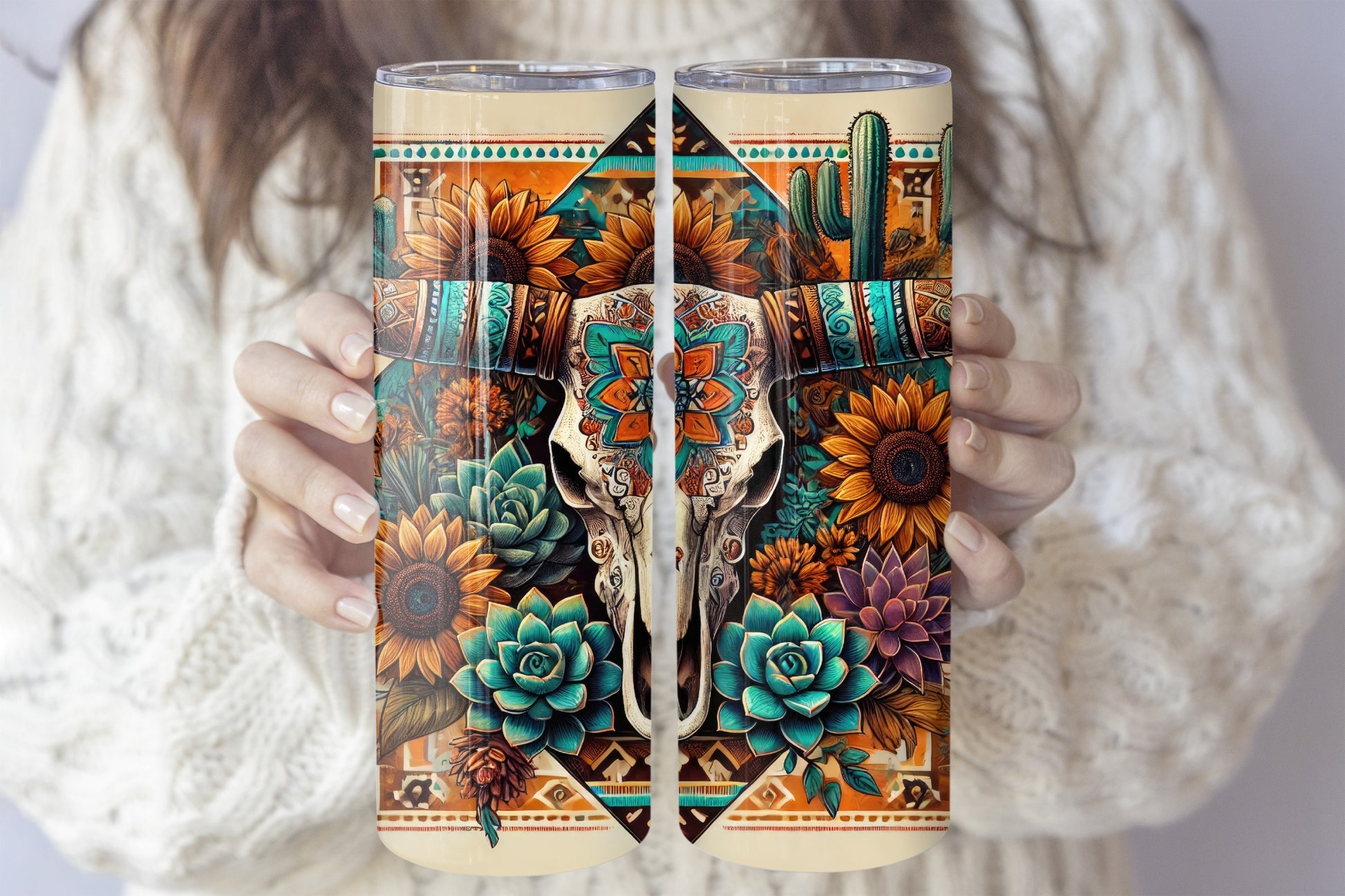 Boho Cow Skull Theme Stainless Steel Tumbler, Western Longhorn Insulated Bottle
