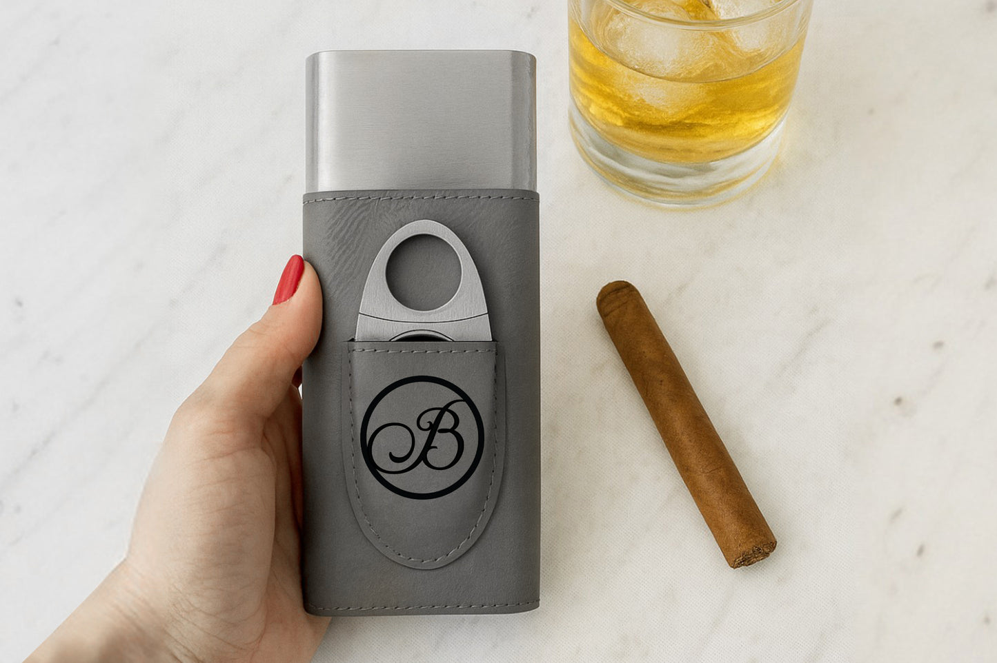 Personalized Vegan Leather Cigar Case with Cutter, Ideal Gift for Him