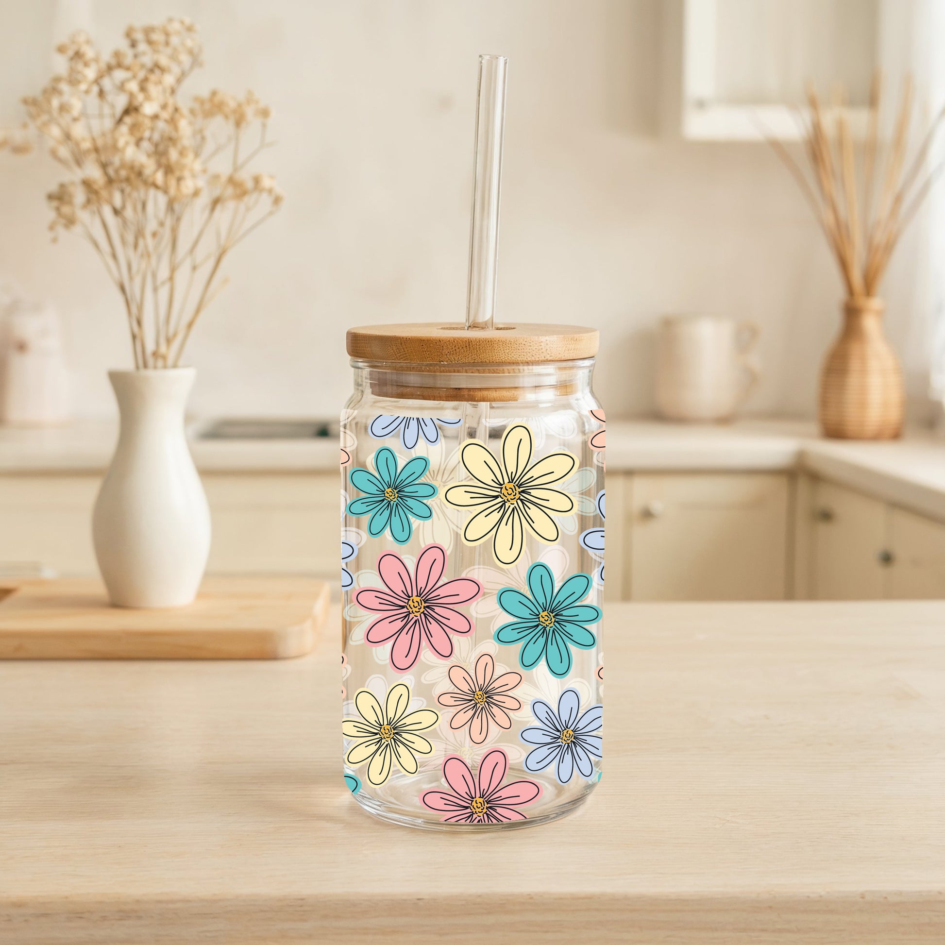 Boho Daisy Tumbler, Retro Floral Coffee Cup, Groovy Smoothie Glass