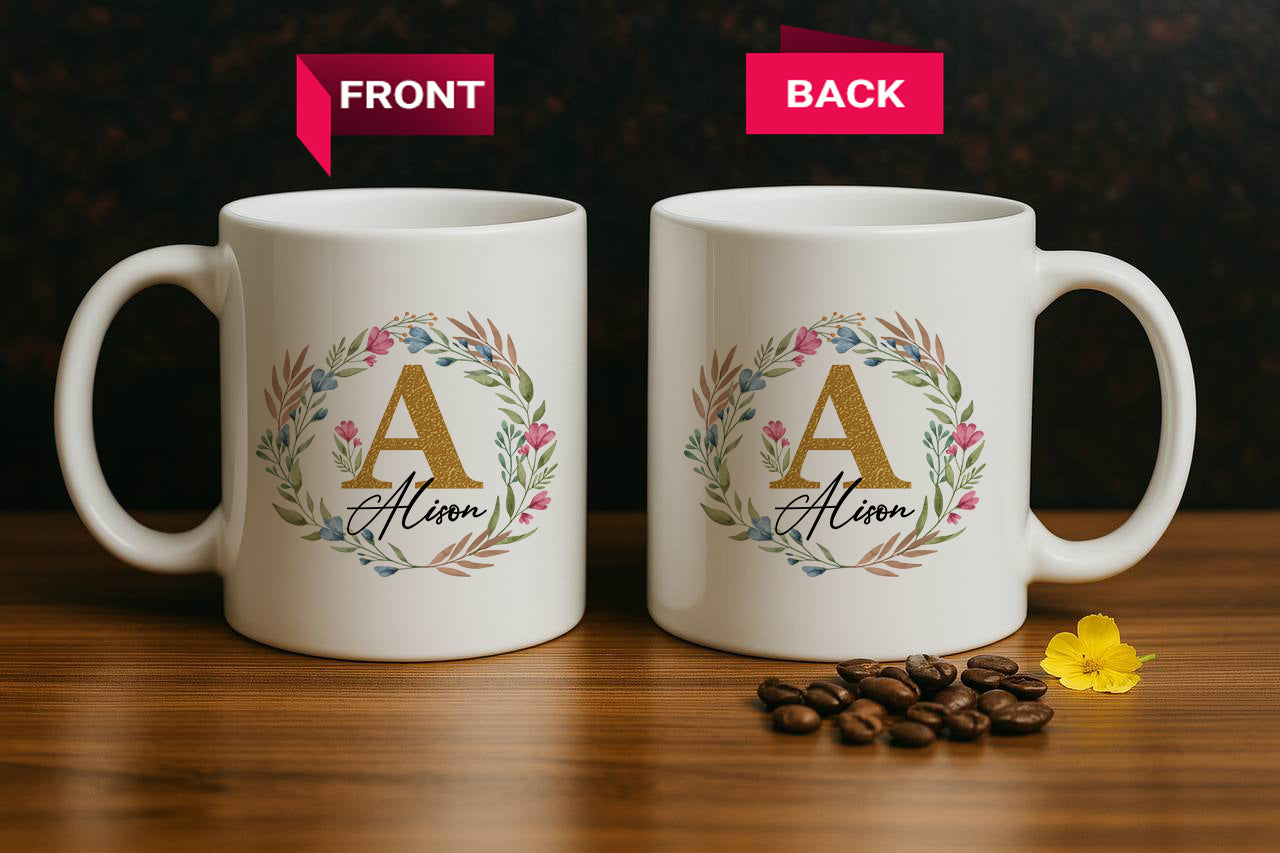 Floral Initial Pottery Cup, Personalized Name Coffee Mug, Elegant Tea Cup