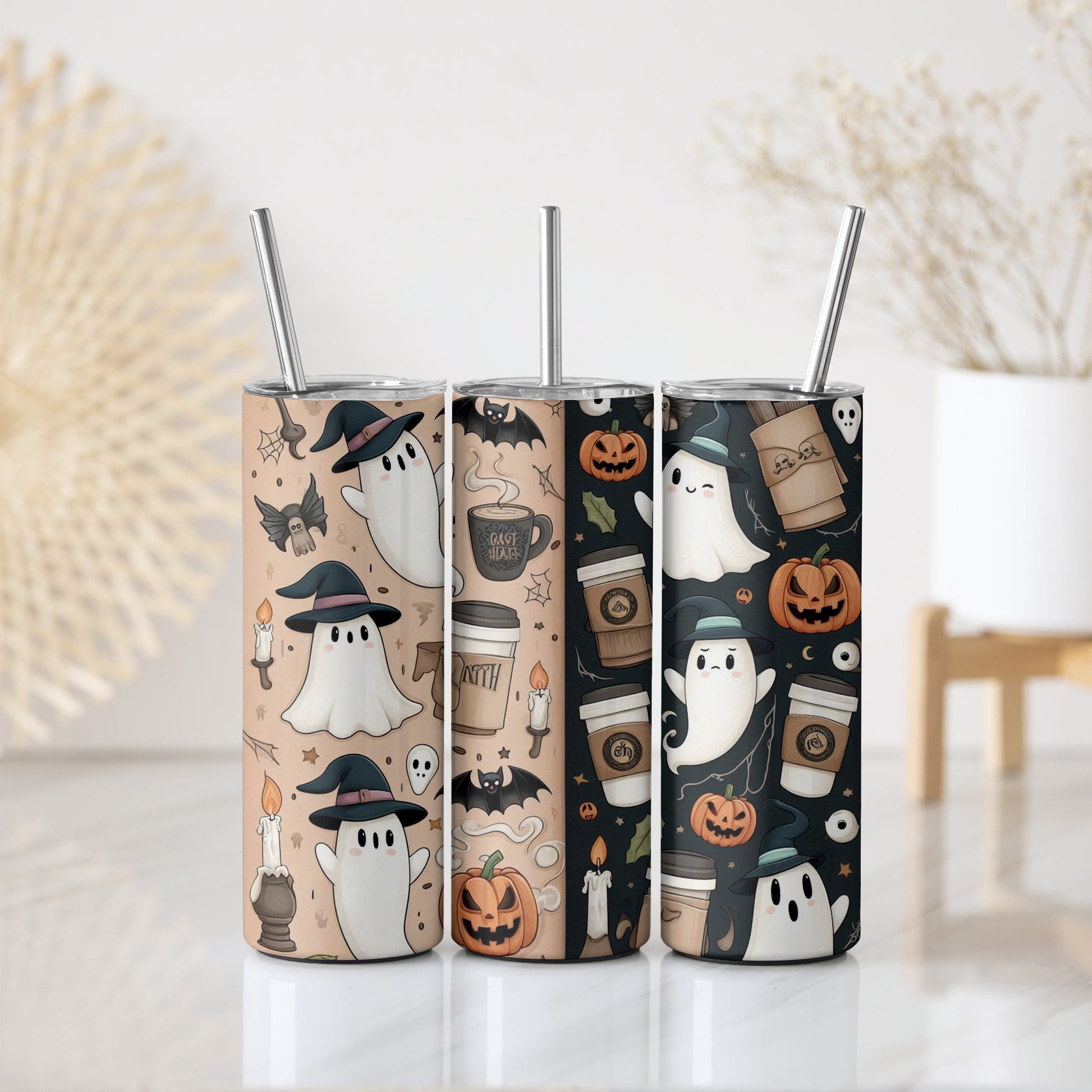 Festive Halloween Coffee Tumbler, Spooky Ghosts Design for Fall