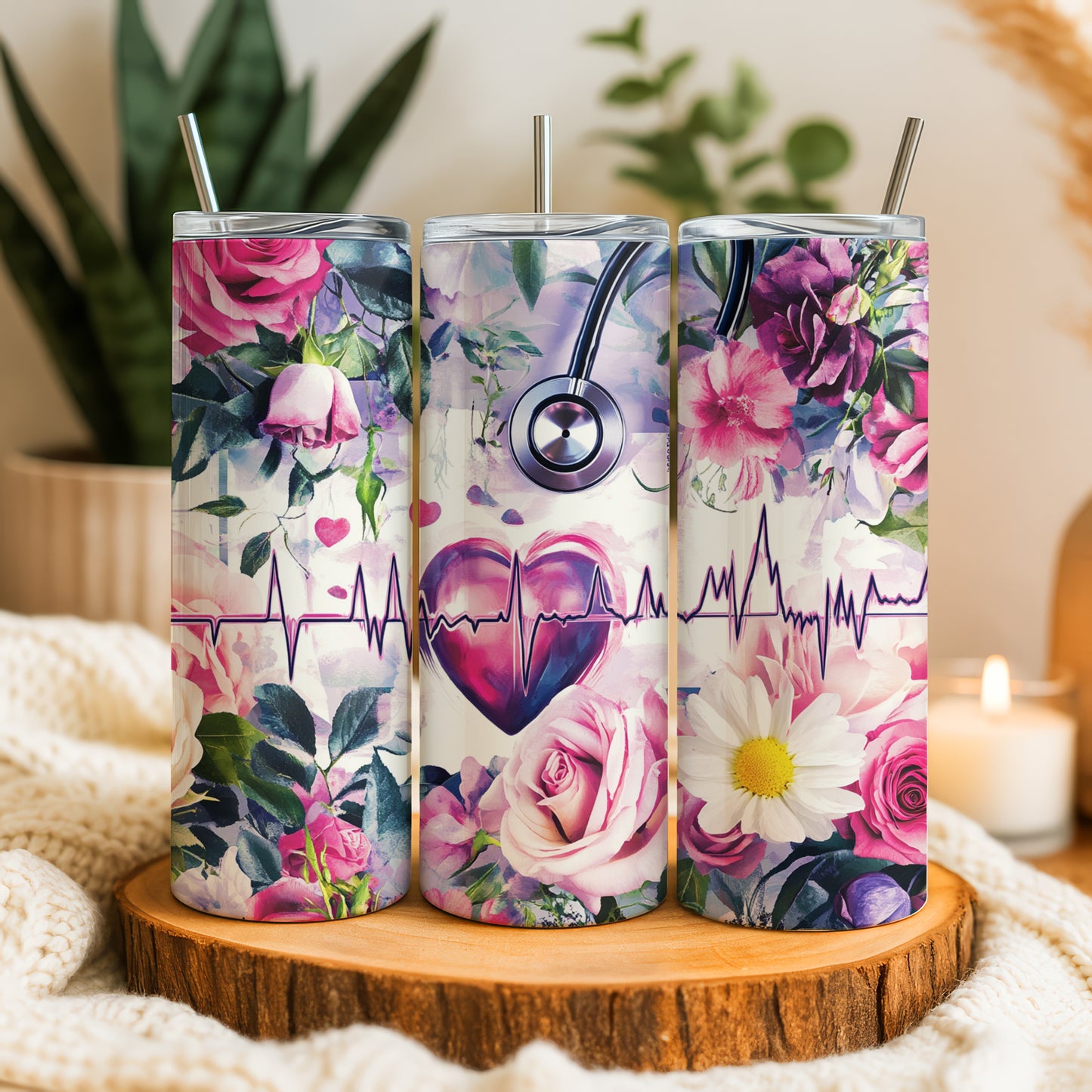 Vibrant Flowers, Heartbeat & Stethoscope Design Insulated Healthcare Tumbler,