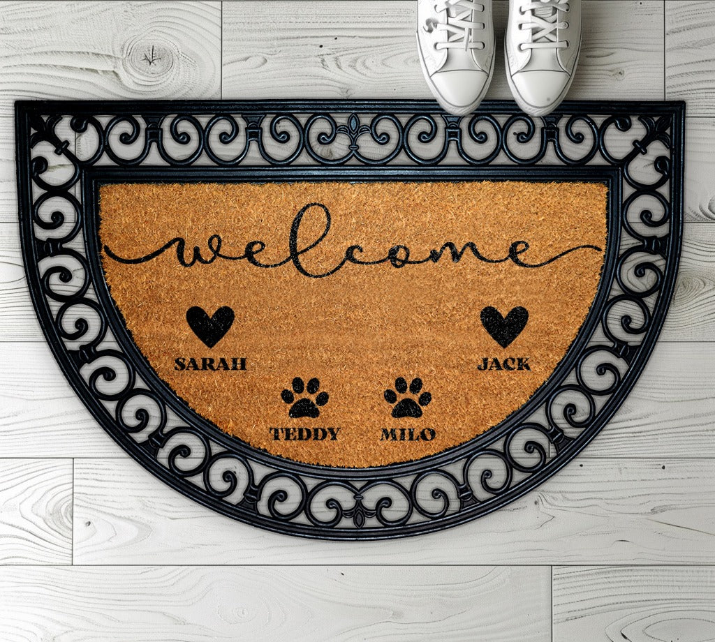 Custom Family & Pet Name Doormat, Paw Print Welcome Mat