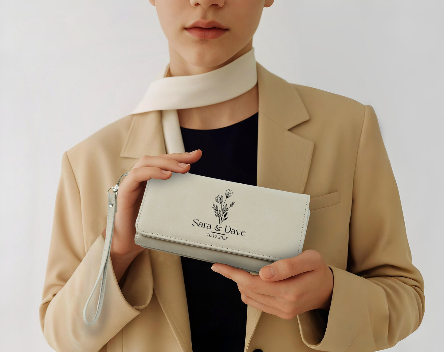 Engraved Vegan Leather Clutch, Custom Initial & Date Wristlet - Perfect Gift