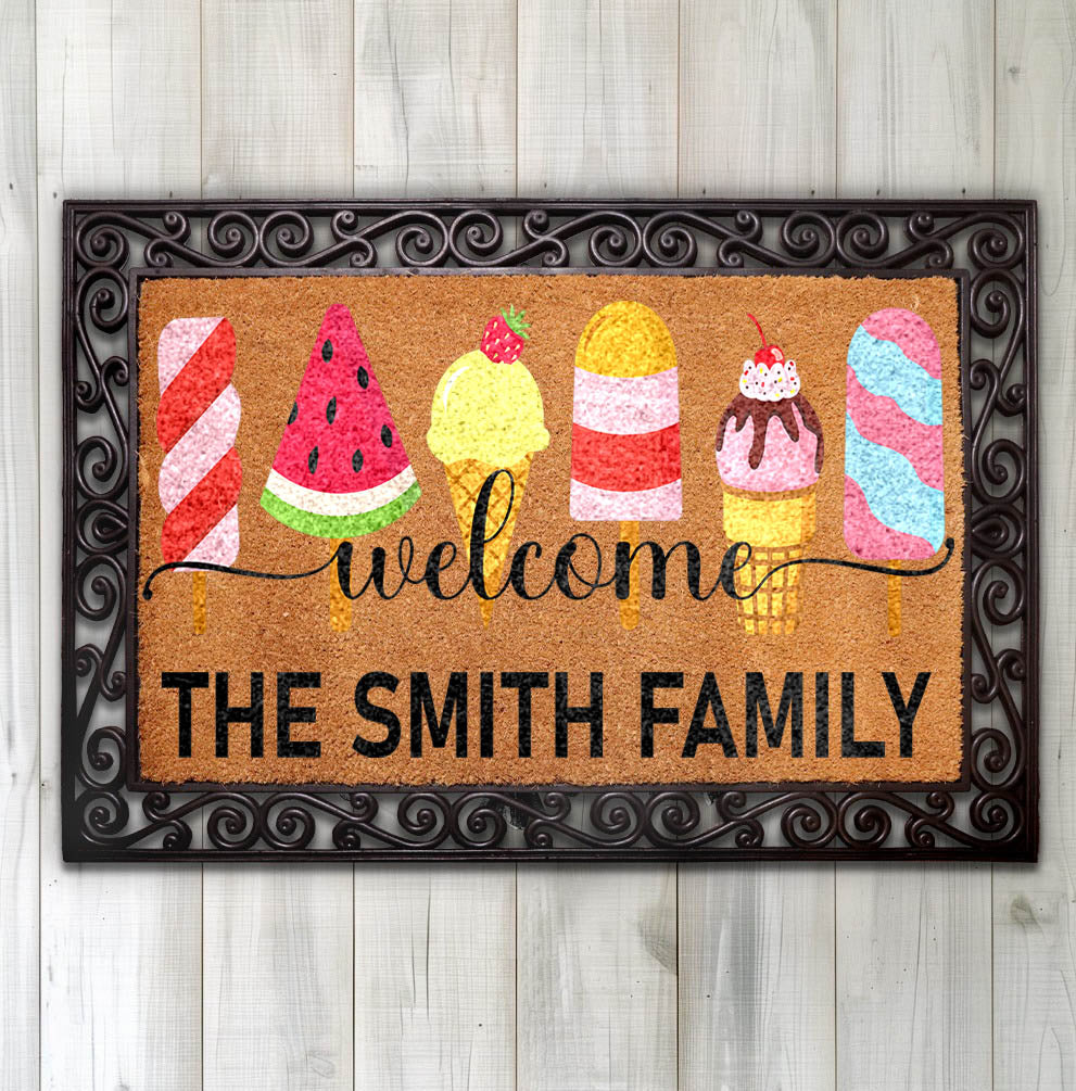 Personalized Family Name Doormat, Colorful Ice Cream Welcome Mat