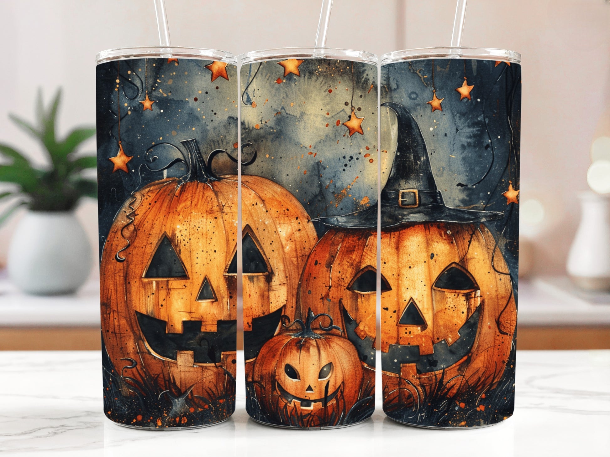 Witchy Pumpkin Stainless Steel Tumbler, Spooky Jack-O-Lantern Family Theme