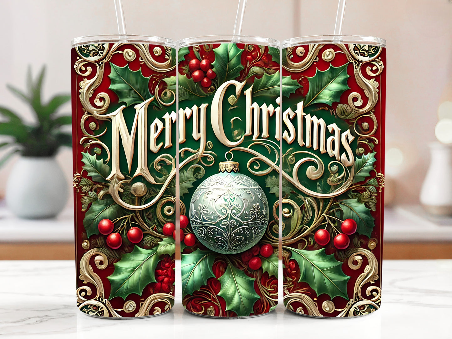 Xmas Ball Ornament & Mistletoe Print Tumbler with Straw