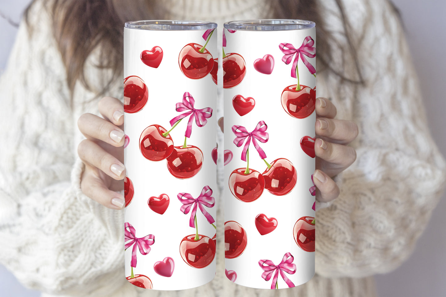 Kawaii Cherry Hearts Travel Mug, Sweet Cherry Tumbler, Pink Bows