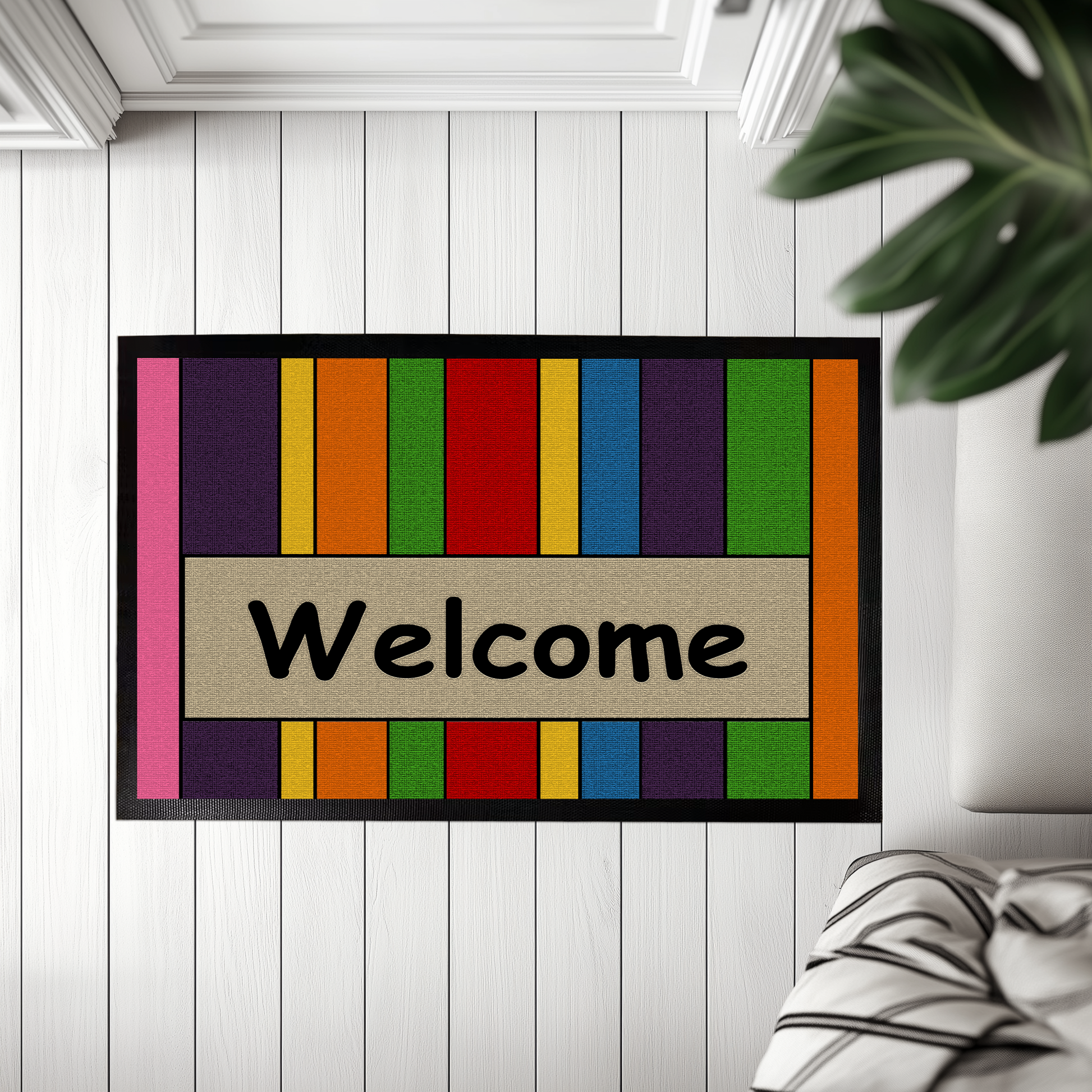 Vibrant Rainbow Striped Doormat, Modern Boho Pride Month Decor Gift