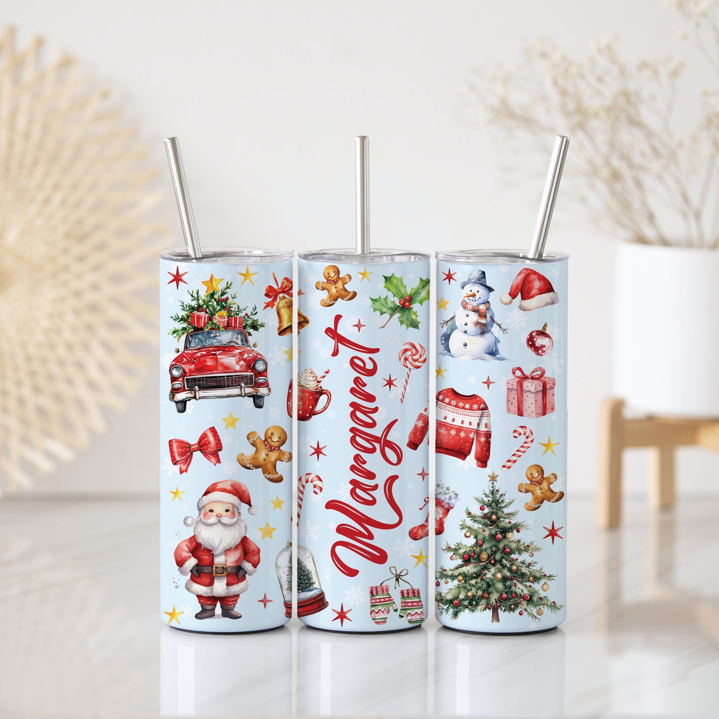 Stainless Steel Tumbler: Santa & Christmas Icon Design, Winter Holiday Gift