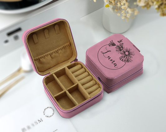 Personalized Leather Jewelry Case with Flower Design, Ideal Bridesmaid Gift