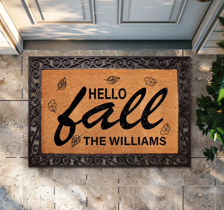 Personalized Family Name Welcome Mat, Autumn Leaf Porch Decor.