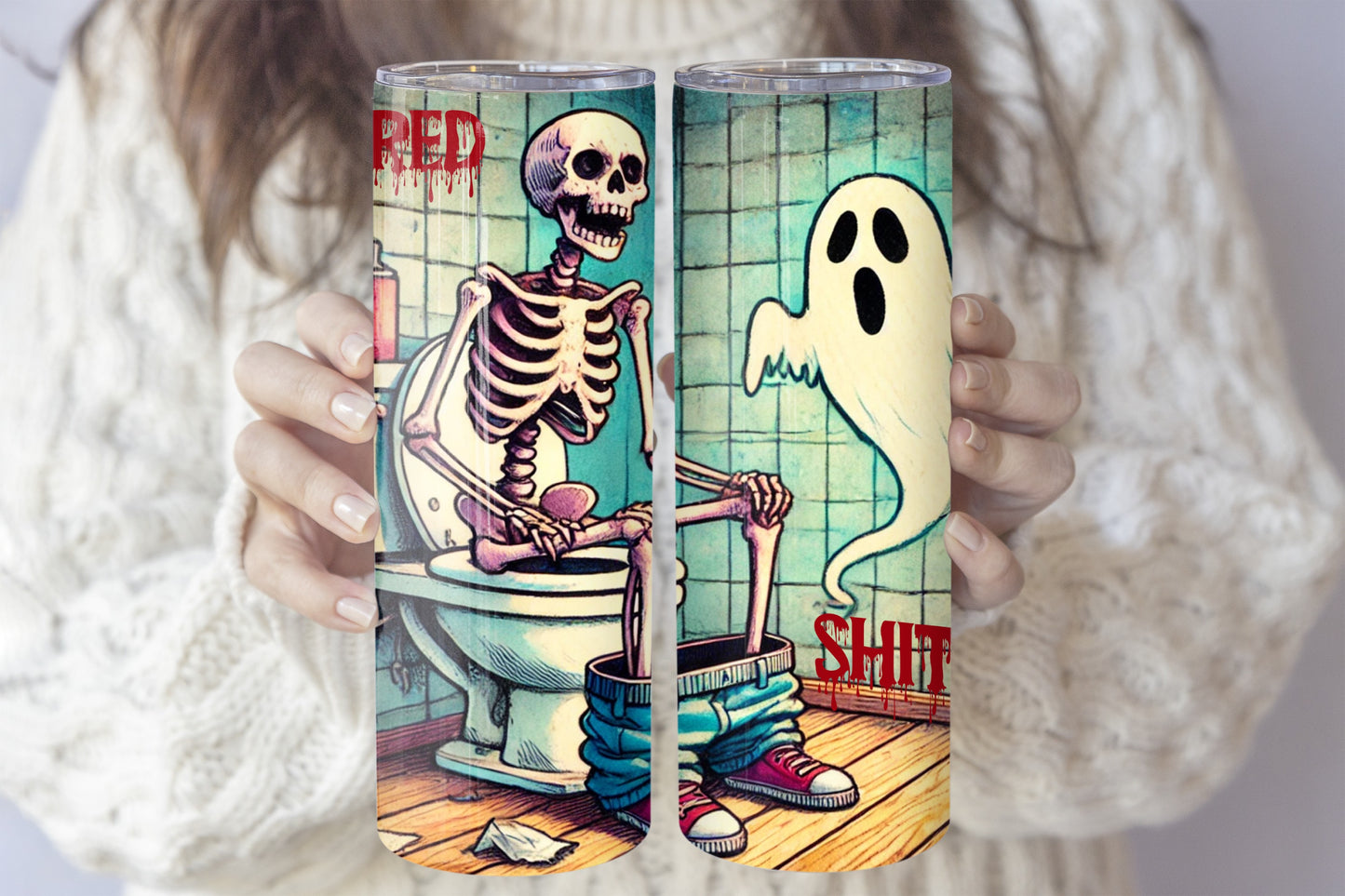 Skeleton on Toilet Tumbler, Adult Humor Halloween Stainless Steel Cup