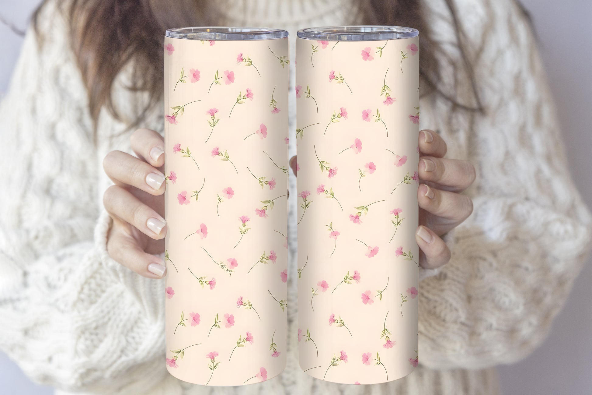 Chic Pink Floral Tumbler, Minimalist Aesthetic Stainless Steel Mug
