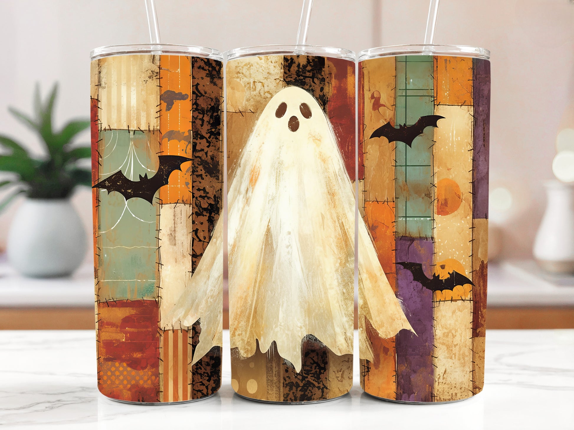 Spooky Ghost Tumbler, Vintage Halloween Insulated Coffee Cup with Bats