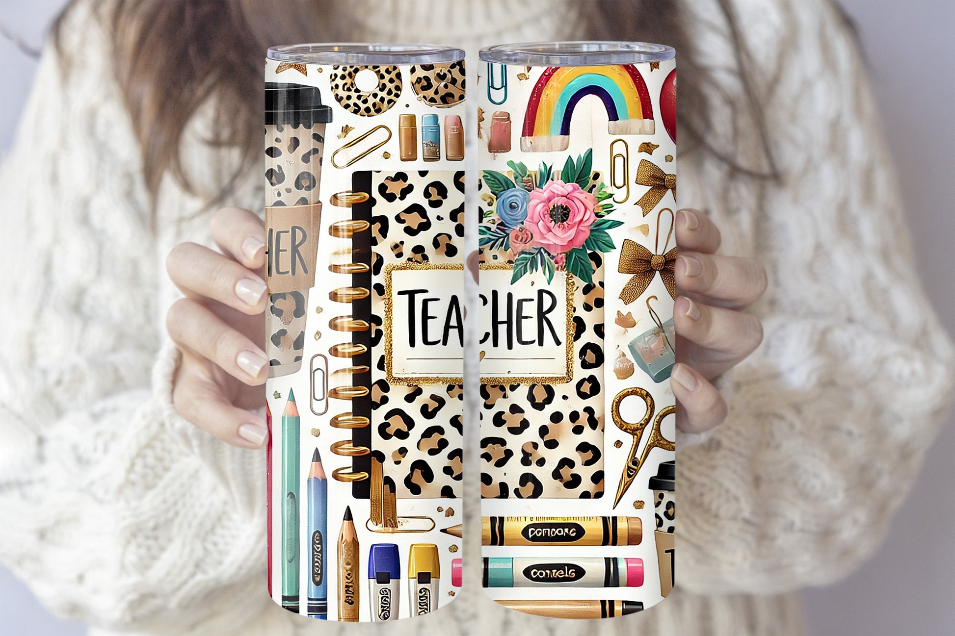 Leopard Print Teacher Tumbler, Stainless Steel Insulated Gift With Straw