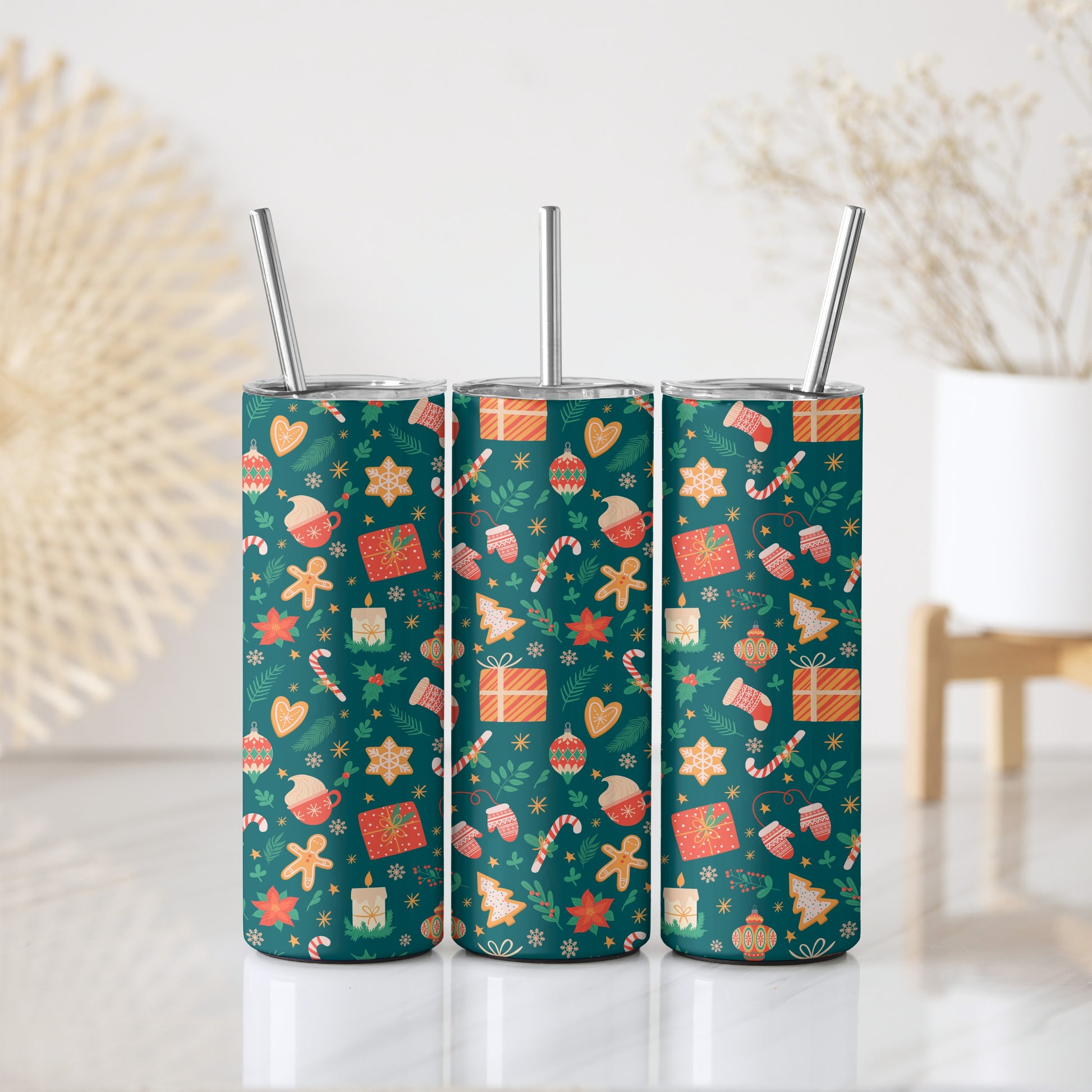 Vibrant Colors Xmas Holiday Tumbler, Christmas Icons Pattern Insulated Cup